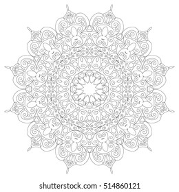 Lacy hand drawn hexagon pattern. Adult coloring book page. Mandala ornament made of calligraphic swirls. Delicate snowflake