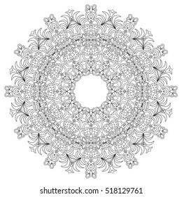 Lacy hand drawn hexagon pattern. Adult coloring book page. Mandala ornament made of calligraphic swirls. Delicate snowflake