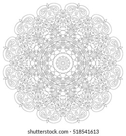 Lacy hand drawn hexagon pattern. Adult coloring book page. Mandala ornament made of calligraphic swirls. Delicate snowflake