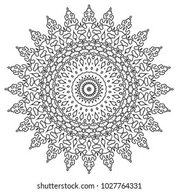 Lacy Hand Drawn Round Pattern. Adult Coloring Book Page. Mandala. Flourish Ornament for Anti stress Art Therapy and Mental Relaxation. Delicate Snowflake.