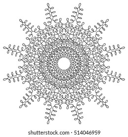 Lacy hand drawn round pattern. Adult coloring book page. Mandala ornament made of calligraphic swirls. Delicate snowflake