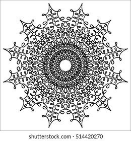 Lacy hand drawn round pattern. Adult coloring book page. Mandala ornament made of calligraphic swirls. Delicate snowflake