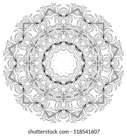 Lacy hand drawn round pattern. Adult coloring book page. Mandala floral ornament for anti stress art therapy and mental relaxation. Delicate snowflake
