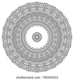 Lacy Hand Drawn Round Pattern. Adult Coloring Book Page. Mandala. Flourish Ornament for Anti stress Art Therapy and Mental Relaxation. Delicate Snowflake.