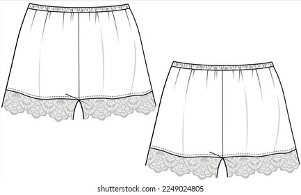 LACY HEMLINE NIGHTWEAR SHORTS FRONT AND BACK IN VECTOR FILE