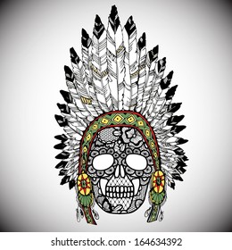 Lacy human skull in native american indian chief headdress. Vector illustration.