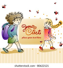 lacy label with kids going to school