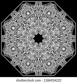 Lacy mandala on a black background. Mehndi flower design. Vector illustration.