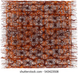 Lacy napkin with ornate pattern in brown,orange colors  with fringe isolated on white