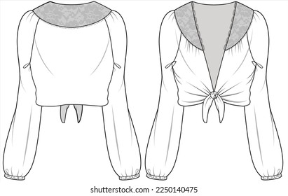 LACY NECKLINE RAGLAN SLEEVS WITH CENTER FRONT TIE UP DETAIL WOVEN TOP FOR  WOMEN AND TEEN GIRLS IN EDITABLE VECTOR FILE