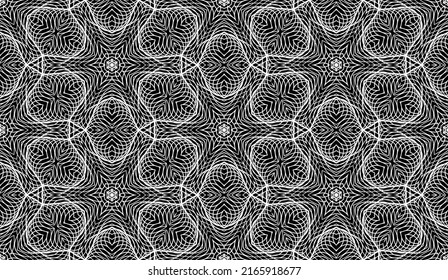 Lacy repeatable ornament in solemn style. Hexagonal seamless pattern of white lines on black.
