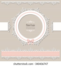 Lacy round frame and borders. Scrapbook design elements. Vintage. Pink and beige pastel colors.