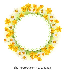 Lacy round frame with yellow and white daffodils.