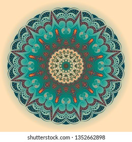 
Lacy round pattern, mandala. Beige background. The elements are orange, brown and dark blue.