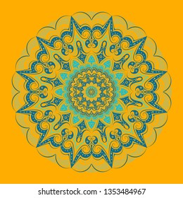 
Lacy round pattern - mandala, orange background, lines and elements of blue and pale green shades. Sharp rays, small flowers. Harmony and tranquility, a national color.