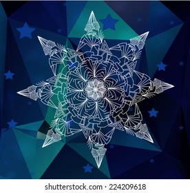Lacy snowflake on polygonal decorative background. Vector illustration. 