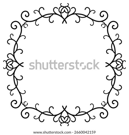 Lacy square black frame with place for text. Curved intertwined lines and curls. Elegance ornamental design element of curved lines. Refine calligraphy decor