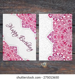 Lacy vector birthday card template. Romantic vintage wedding invitation. Abstract circle floral ornament. Good for birthday invitation or baby shower invitation. ethnic design