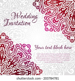 Lacy vector wedding card template. Romantic vintage wedding invitation. Abstract circle floral ornament.  Good for birthday invitation or baby shower invitation. ethnic design