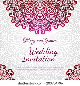 Lacy vector wedding card template. Romantic vintage wedding invitation. Abstract circle floral ornament.  Good for birthday invitation or baby shower invitation. ethnic design