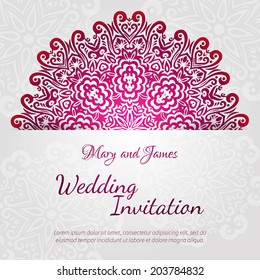 Lacy vector wedding card template. Romantic vintage wedding invitation. Abstract circle floral ornament.  Good for birthday invitation or baby shower invitation. ethnic design