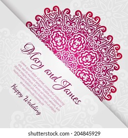 Lacy vector wedding card template. Romantic vintage wedding invitation. Abstract circle floral ornament.  Good for birthday invitation or baby shower invitation. ethnic design