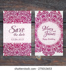 Lacy vector wedding card template. Romantic vintage wedding invitation. Abstract circle floral ornament. Good for birthday invitation or baby shower invitation. ethnic design