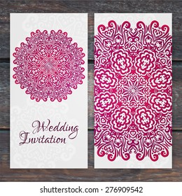 Lacy vector wedding card template. Romantic vintage wedding invitation. Abstract circle floral ornament. Good for birthday invitation or baby shower invitation. ethnic design