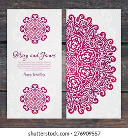 Lacy vector wedding card template. Romantic vintage wedding invitation. Abstract circle floral ornament. Good for birthday invitation or baby shower invitation. ethnic design