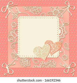 Lacy vintage greeting card with hearts, flowers and ribbons. Vector design to Valentine's day or wedding.