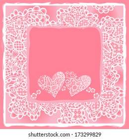 Lacy vintage greeting card with two hearts and flowers. Vector design to Valentine's day.