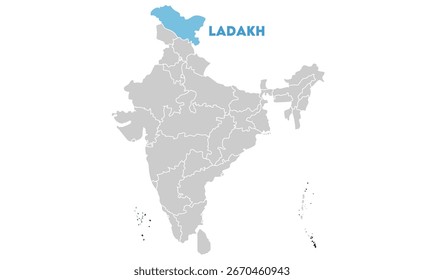 Mapa de Ladakh destacado com nome, estados indianos, adequado para a educação, negócios, apresentações, impressão, uso da web, e projetos geográficos criativos. Território da União Indiana.