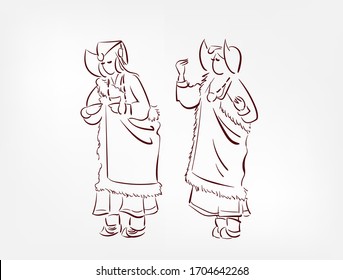 Ladakh state India ethnic indian woman girl dance traditional sketch isolated design element