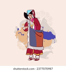 Estado de Ladakh India mujer india de etnia hindú baila sketch tradicional decorativo aislado 