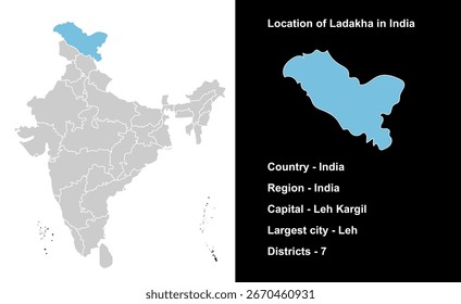 Ladakh State Outline Map India, Indian states, suitable for education, business, presentations, print, web use, and creative geographic projects. Indian union territory.