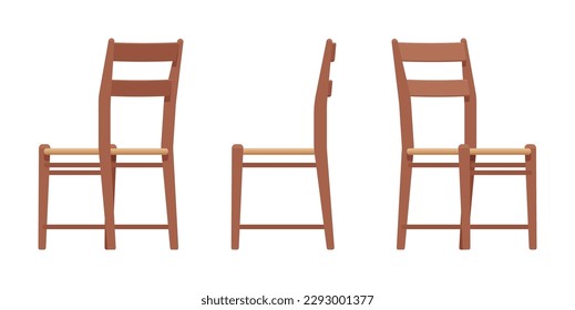 Ladder back brown wood dining chair set. Restaurant, bar, café, kitchen classic seating. Vector flat style cartoon home, office furniture articles isolated on white background front, side, rear view