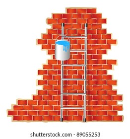 Ladder with bucket of blue colour and brick wall