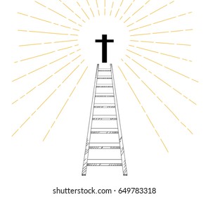 ladder up to christian cross with sun ray hand drawn