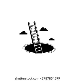 Ladder climbing out of a dark hole concept of solution or overcoming crisis editable vector solid illustration