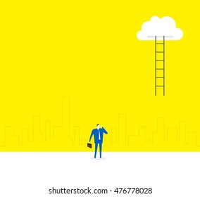 The ladder to cloud / A business person is thinking about how to climb the ladder to cloud.