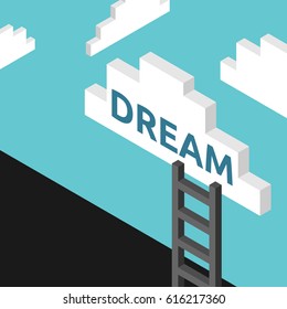 Ladder to cloud with dream word on turquoise blue sky background. Goal, achievement, motivation and success concept. Flat design. No transparency, no gradients