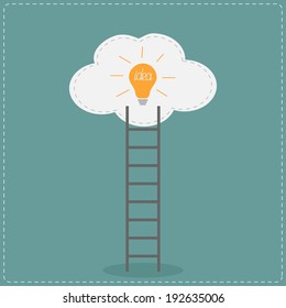Ladder and cloud with idea light bulb. Success concept.  Flat design. Vector illustration.