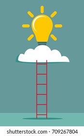 Ladder and cloud with idea light bulb. Success concept. Flat design. Vector illustration.