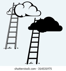 Ladder to clouds. Competition concept. Isolated on blue background