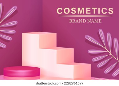 Ladder cosmetic podium with purple plant ornament, 3d vector
