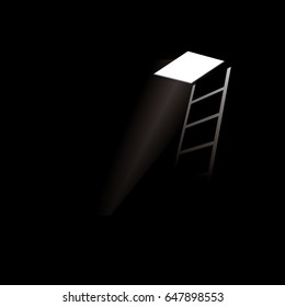 A ladder in the dark basement. Ray of light in the ceiling.