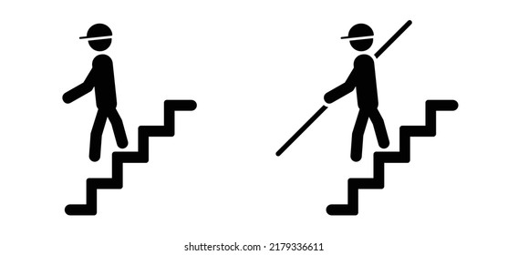 Escala descendente, ascendente. Escaleras de flecha subiendo. Baja, arriba. para salir. Persona, pegatina, hombre de la figura del palo. Logo de abajo arriba. Pasos de caricatura. hombre bajando.