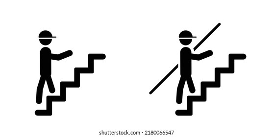 Ladder descending, ascending. Arrow stairs climbing. Go down, up. to exit. Person, stickman, stick figure man. Downstair op upstairs logo. Cartoon steps. man going up. Handrail