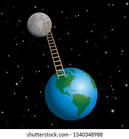 Ladder from earth to moon. Vector illustration on starry black cosmic background.
