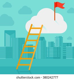 Ladder and flag on top of the cloud on city background.